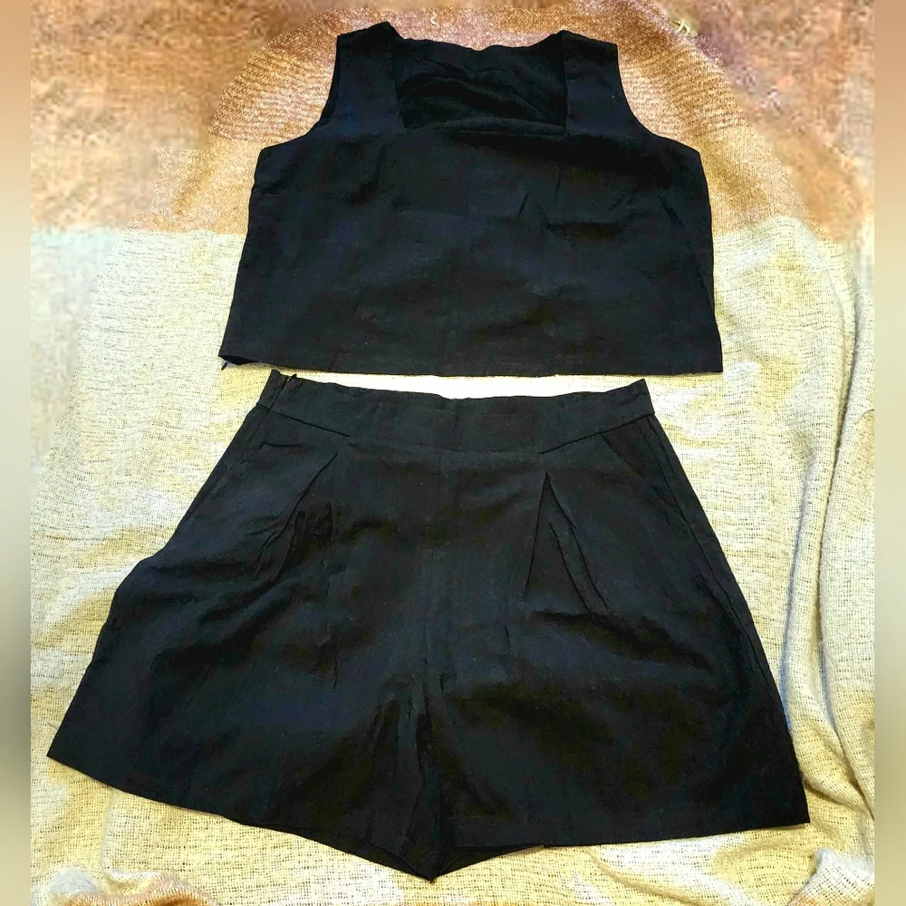 Black Cotton 2 Piece Short Outfit - Picture 2 of 7